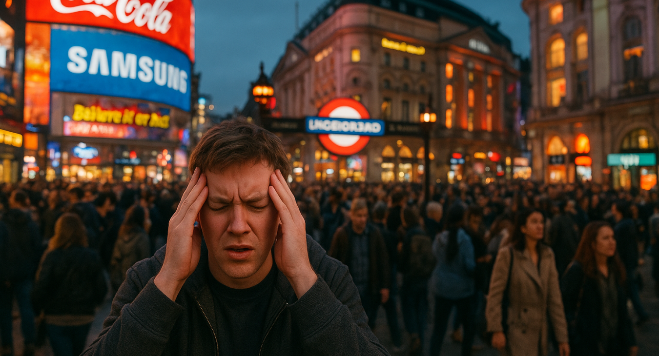 Hyperrealistic photograph of a person experiencing sensory overload in central London, amidst flashing neon signs, dense crowds, and a complex urban environment.