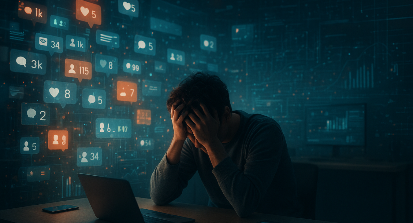 Photorealistic cinematic landscape shot of a person seated in a modern digital environment, severely overwhelmed by glowing overlapping streams of social media notifications.