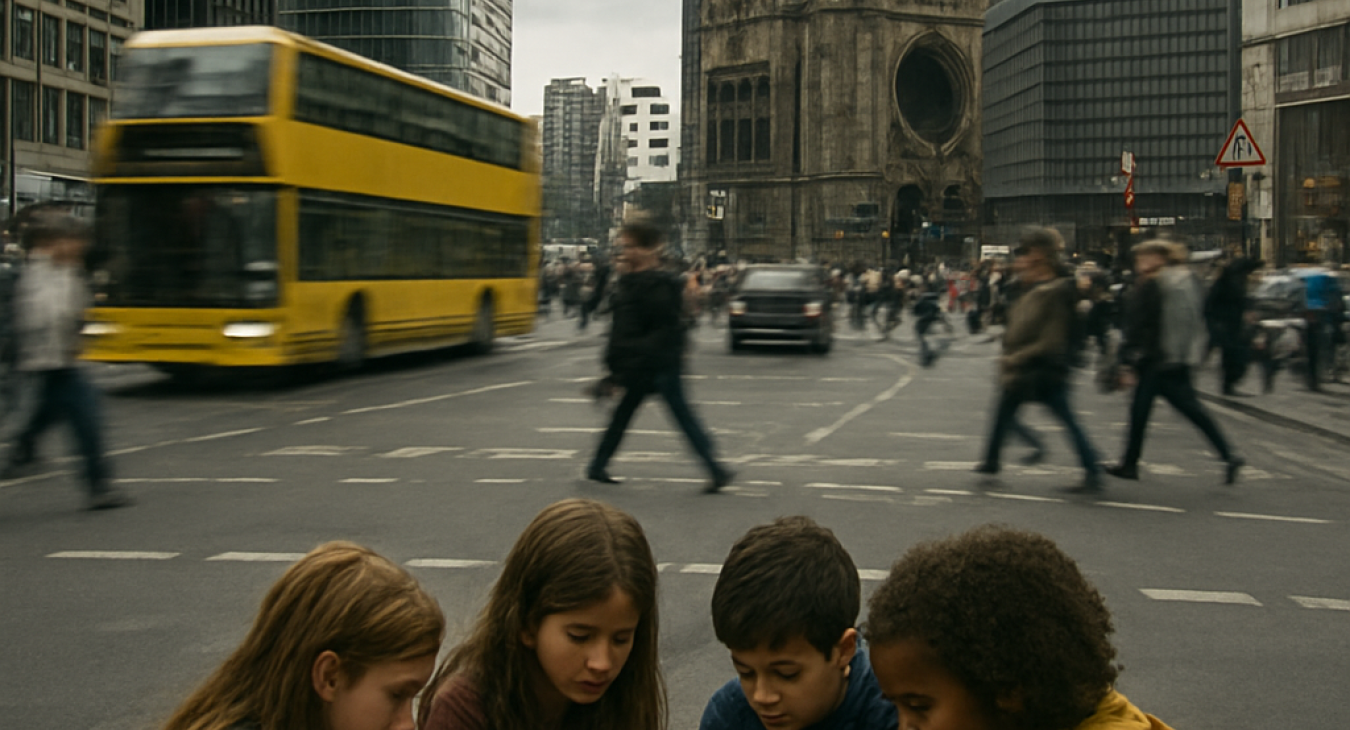 A small group of children finding a moment of quiet interaction on a busy Berlin street, contrasted with harsh, visually aggressive architecture.