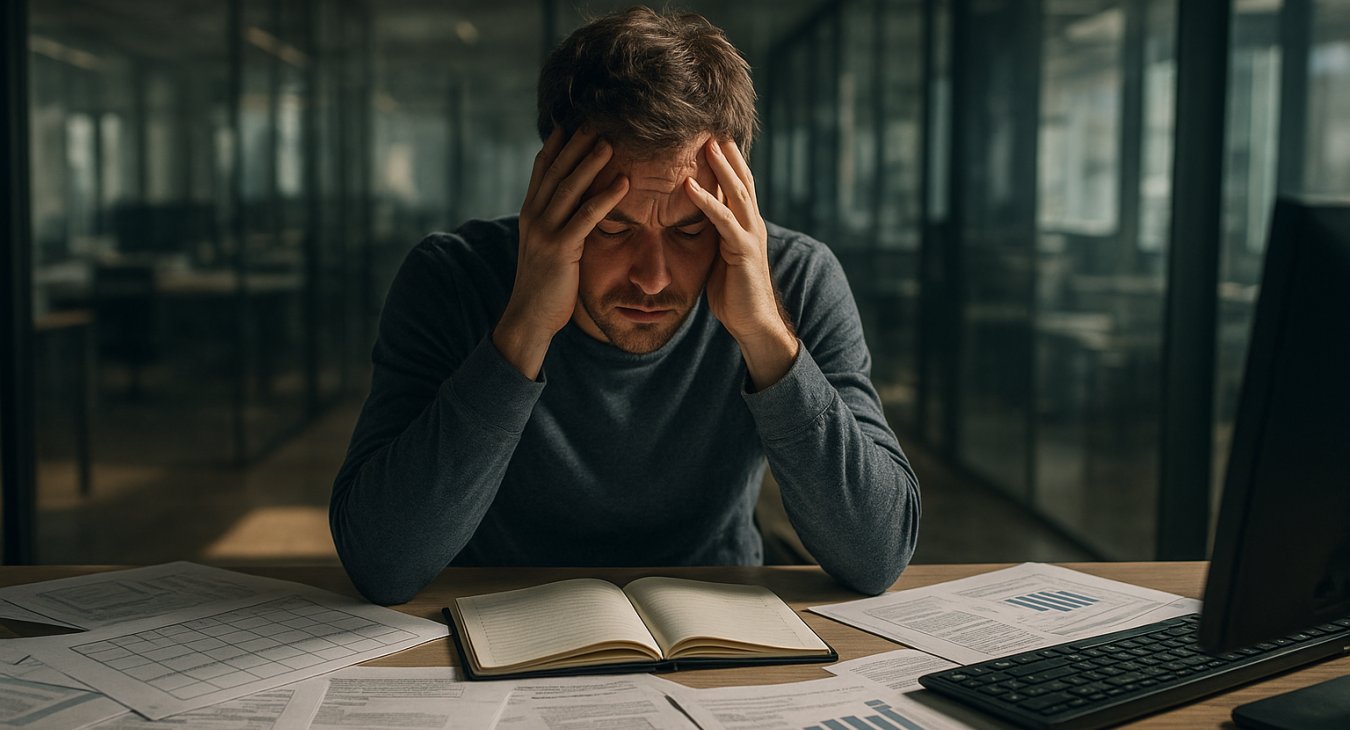 Person with sensory overload at a cluttered desk, surrounded by task schedules and documents, looking overwhelmed as midday light streams in, in a cinematic wide shot.