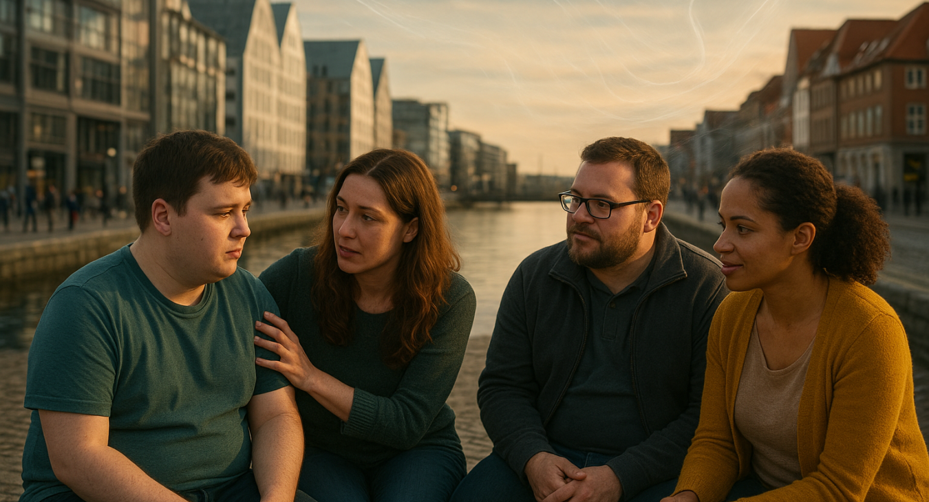 Cinematic photorealistic waterfront streetscape in Aarhus, Denmark, showing diverse adults representing neurodiversity connecting empathetically in a vibrant supportive social setting.