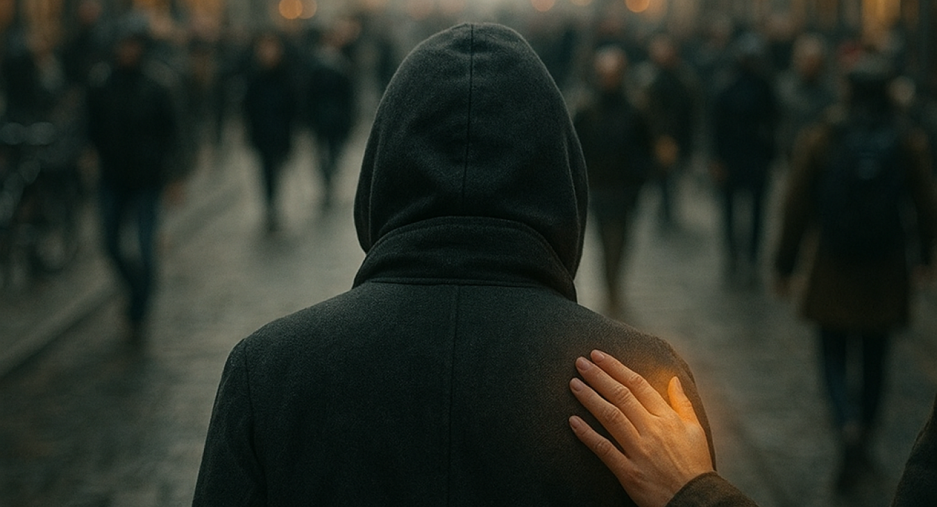 A solitary figure navigating a bustling Copenhagen street with muted colors and blurred city commotion in the background.