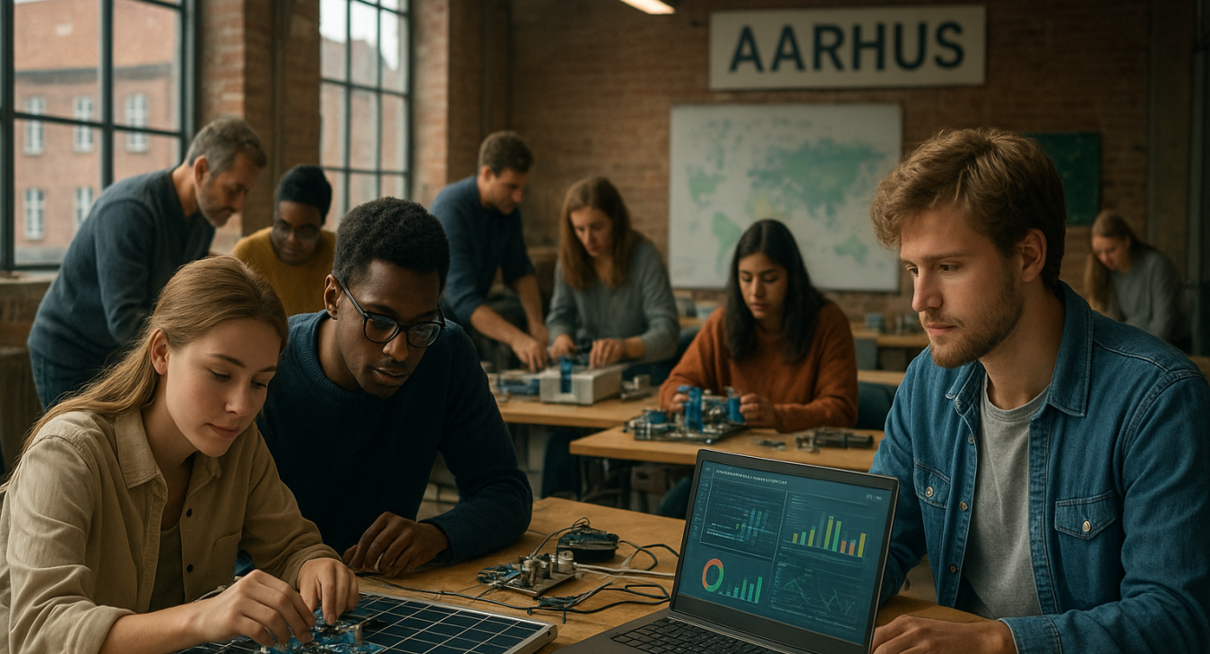 A photorealistic cinematic landscape shot of a collaborative workshop in Aarhus, Denmark, showing diverse students and mentors working on sustainable technology projects like solar panel circuits and environmental data analysis.