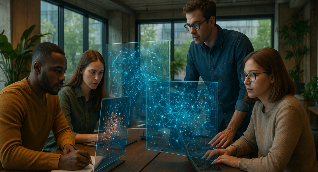 A photorealistic cinematic wide shot of a vibrant modern workspace in Aarhus where diverse individuals, including autistic talent, collaboratively analyze intricate, glowing data patterns on holographic displays.