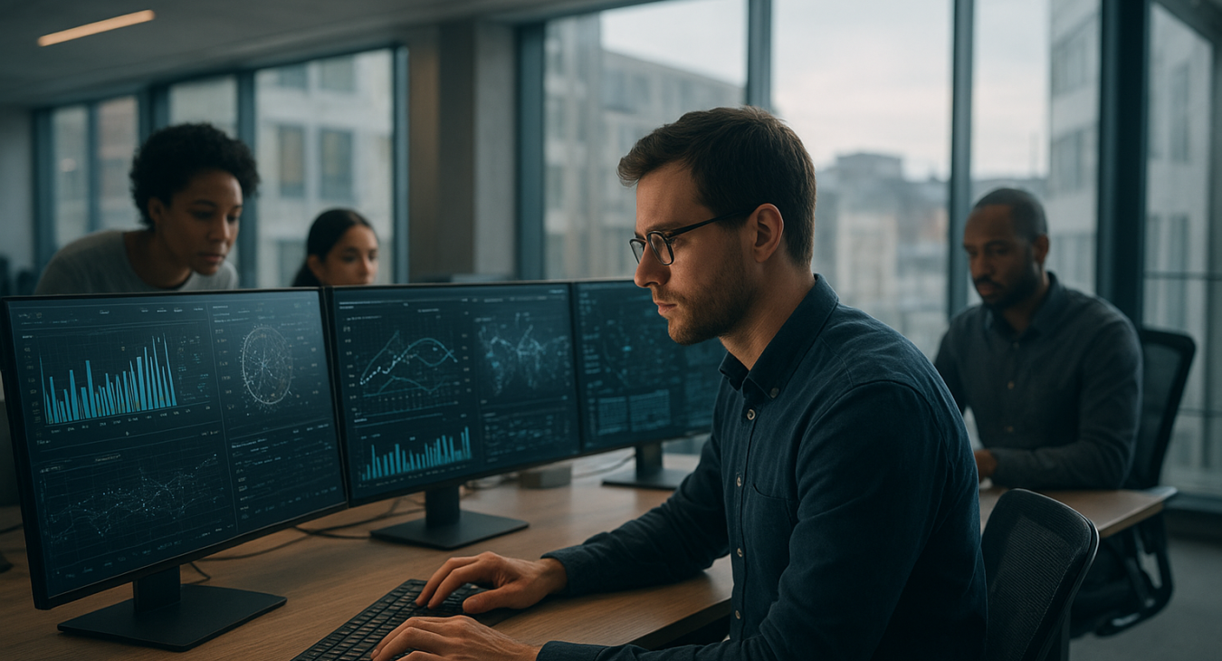 A photorealistic, cinematic landscape shot inside a highly modern, softly lit tech office in Aarhus. A diverse team works, including one intensely focused figure using detailed data visualizations and complex pattern-mapping software on multiple screens.