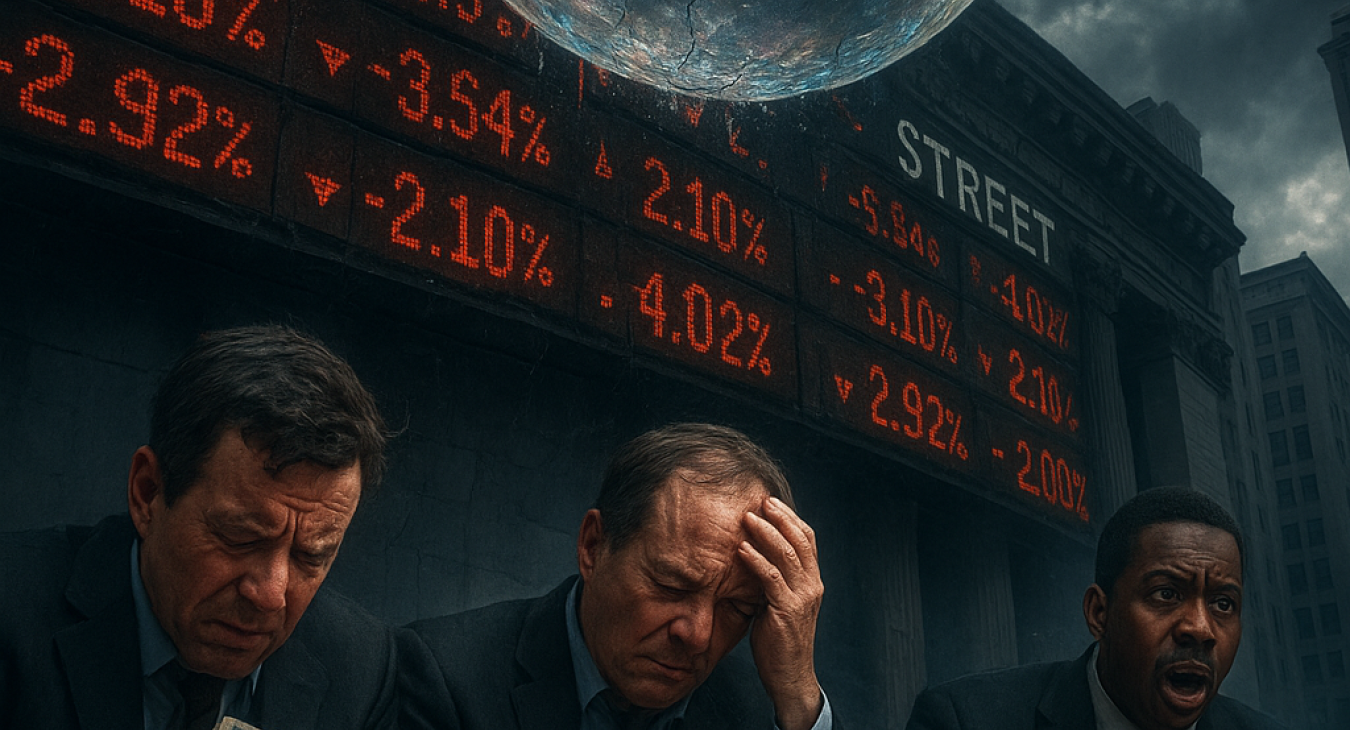 Photorealistic Wall Street scene during a market correction: giant financial ticker boards cracking with plummeting numbers, overshadowed by a deflating shimmering bubble labeled 'AI Hype'.