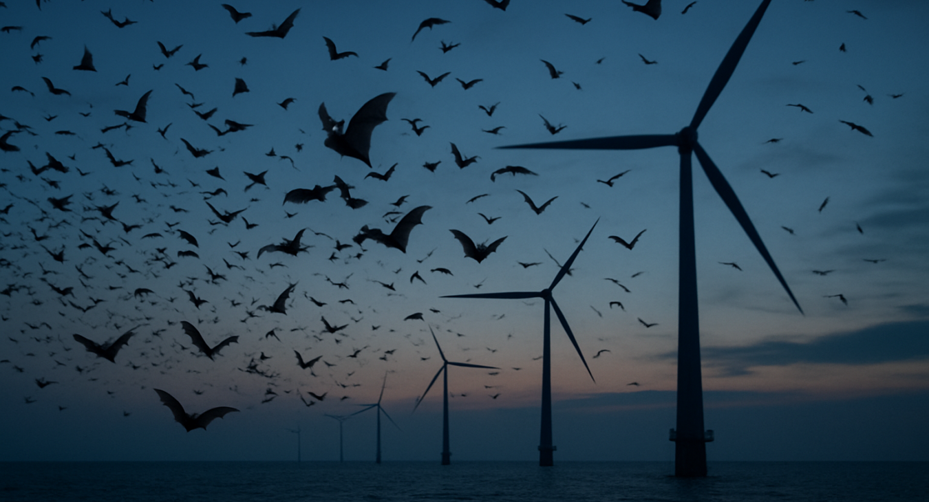 Hundreds of bats migrating through twilight sky near immense silhouetted offshore wind turbines anchored in deep blue Danish waters, highlighting the tension between natural flight patterns and colossal industry.