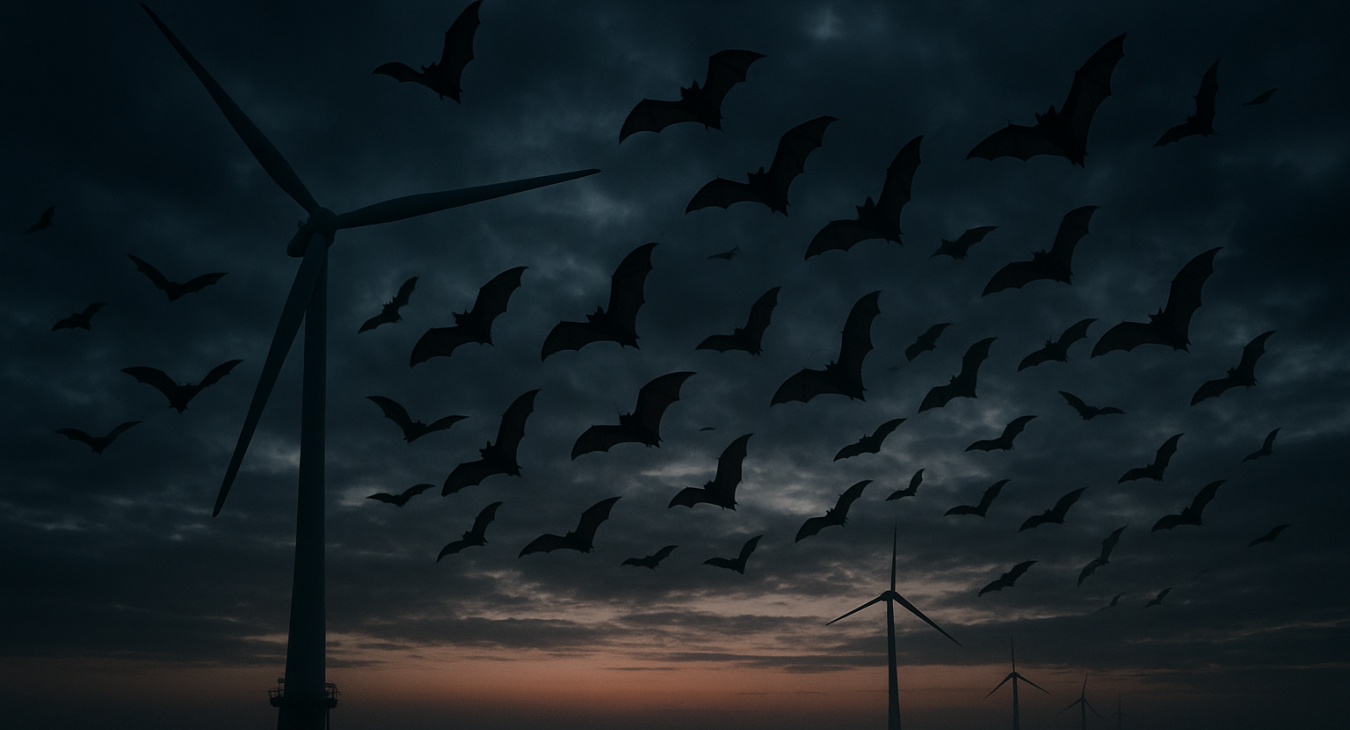 Silhouette bats flying through misty Kattegat twilight near offshore wind turbine blades under dramatic brooding skies.