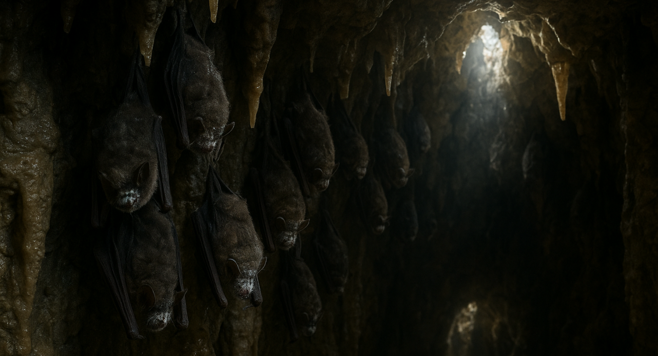 Photorealistic cinematic landscape inside Mønsted Kalkgruber's damp limestone chambers in Denmark. A colony of hibernating bats cling to walls and stalactites, illuminated by natural light filtering through crystal formations.