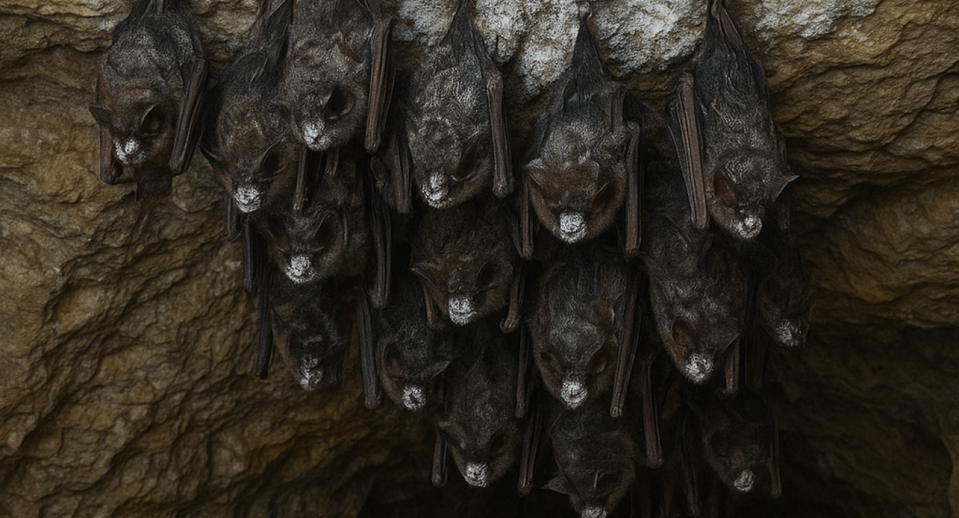 A photorealistic landscape inside Mønsted Kalkgruber showing a bat colony in a limestone overhang with subtle white fungal growth from White-nose Syndrome, emphasizing fragility.