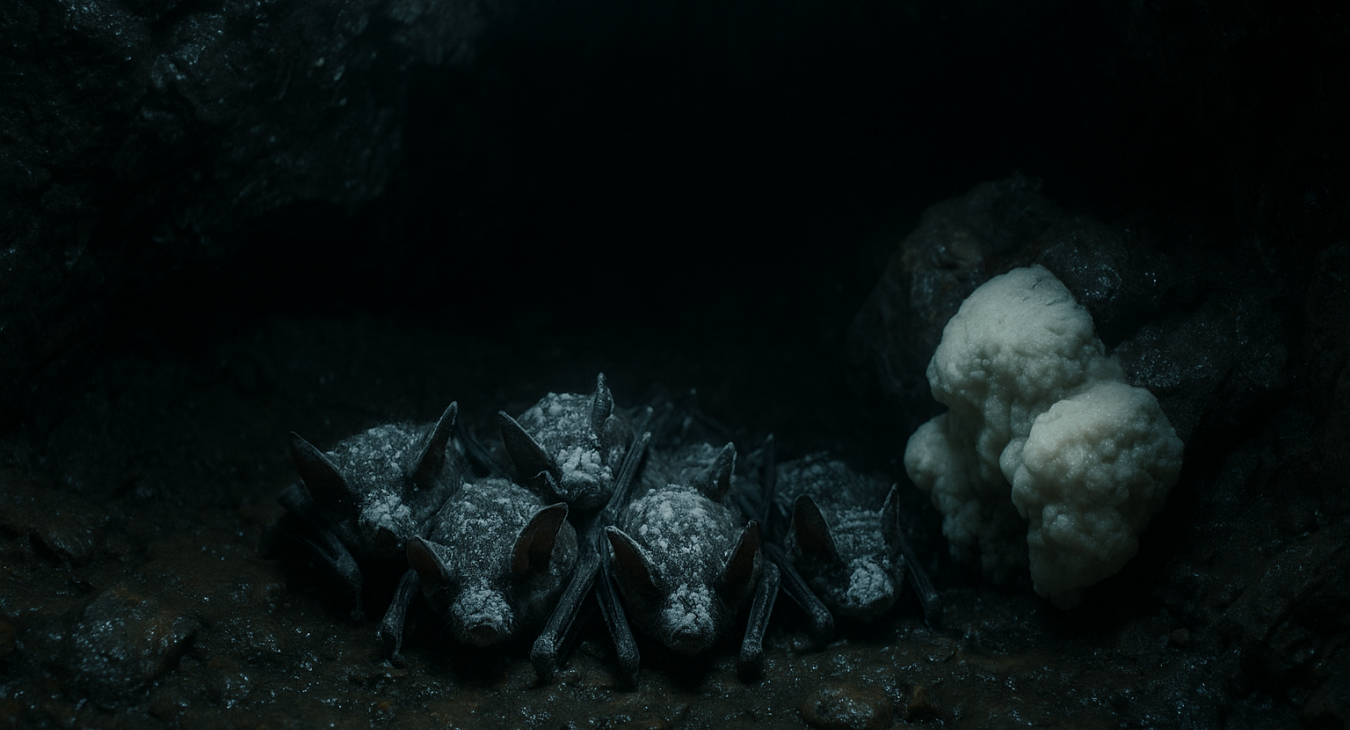 Several vulnerable bats huddled in a dim, damp cave in Jutland, Denmark, with white fungal growth on their muzzles and wings, illustrating the ecological threat of White-Nose Syndrome.