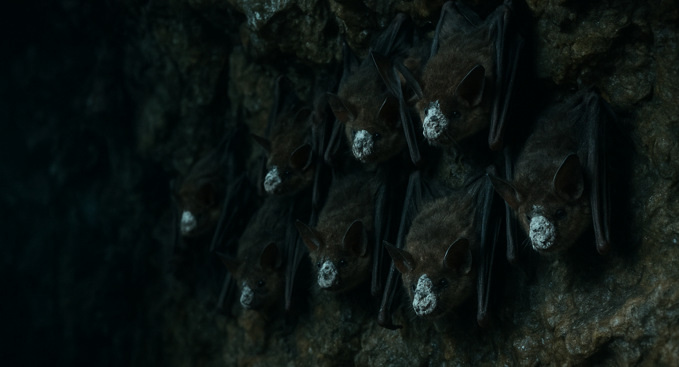 Photorealistic cave scene in Jutland showing a colony of brown bats clinging to damp limestone walls, several with white fungal patches on their noses, ears, and wings.