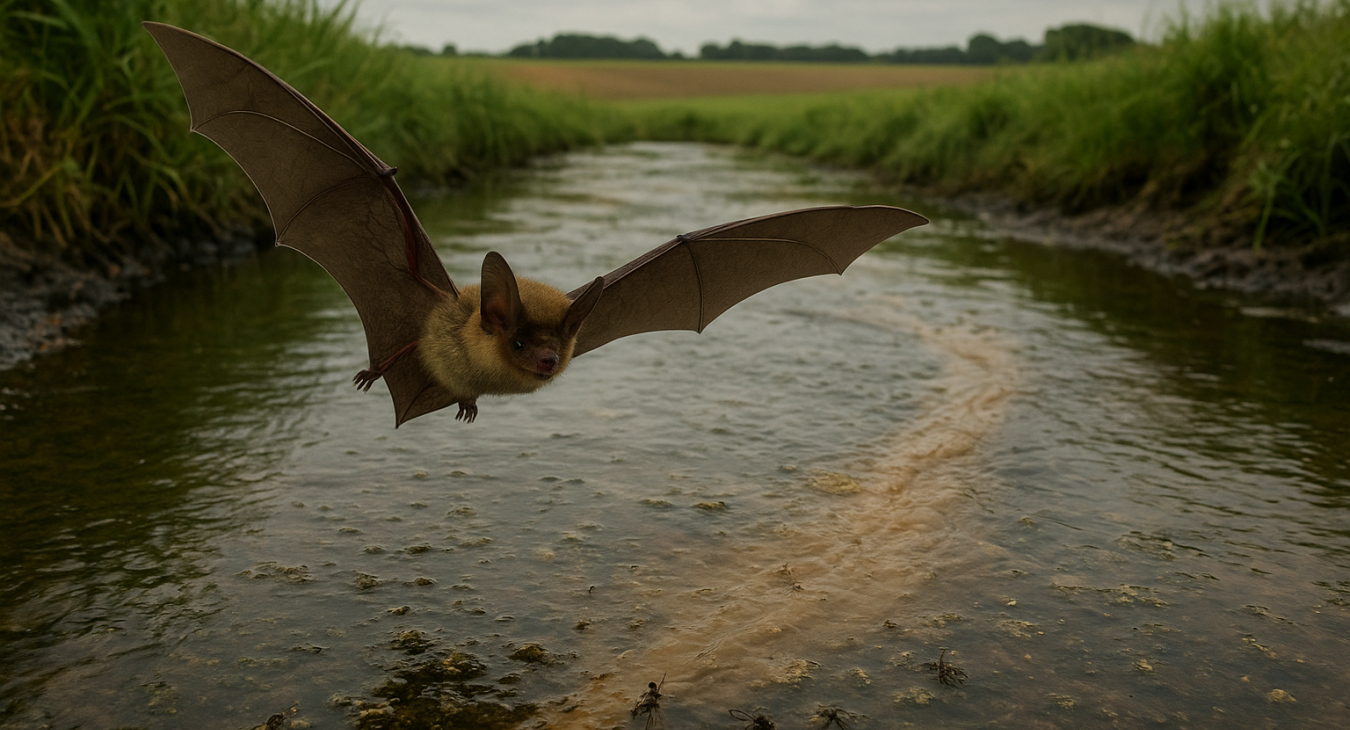 Photorealistic cinematic landscape of a Daubenton's bat skimming low over a polluted freshwater stream in Southern Denmark, with struggling aquatic insects trapped near murky runoff streaks and distant agricultural land.