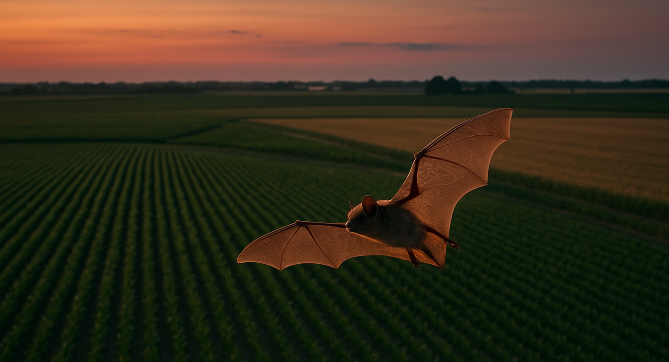 A parti-coloured bat forages gracefully above vast agricultural fields at twilight in Sønderjylland, bathed in golden hour light, evoking a sense of fragility and contrast.