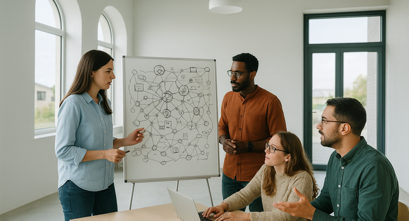 Diverse neurodivergent professionals collaborate around a modern whiteboard filled with ideas in a bright, minimalist Danish architectural space.
