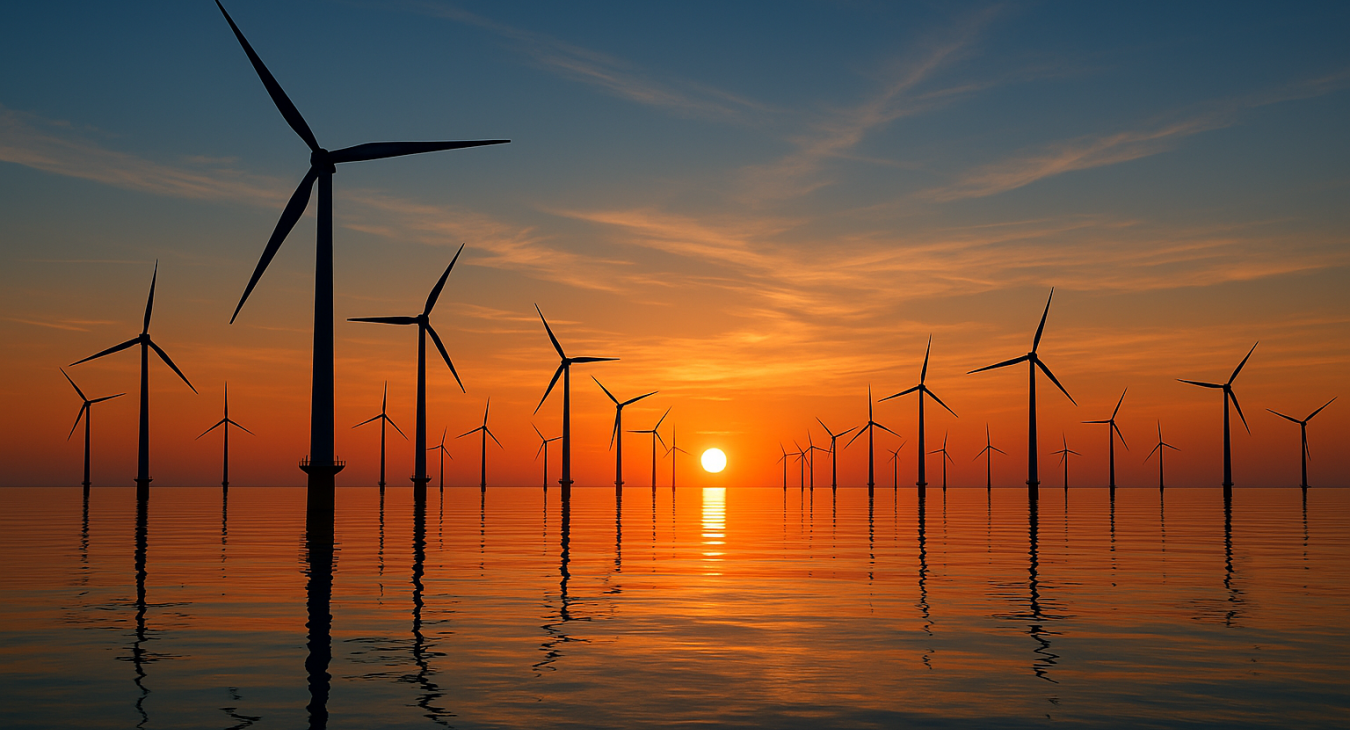 Massive modern offshore wind farm array silhouetted against deep blue Danish sky at sunset, symbolizing Denmark's transition from oil dependency to renewable energy.