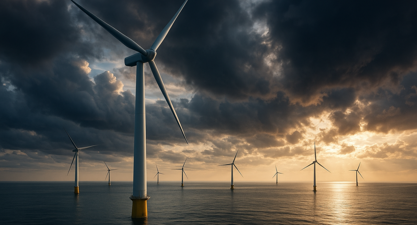 Massive Danish offshore wind turbines in calm North Sea waters under dramatic skies, symbolizing renewable energy leadership and climate neutrality.
