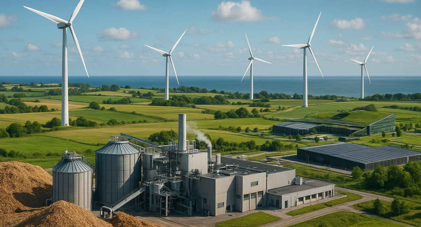 A photorealistic landscape capturing Denmark's commitment to sustainable energy, with advanced biomass facilities in the foreground processing wood residues and agricultural waste into clean power.