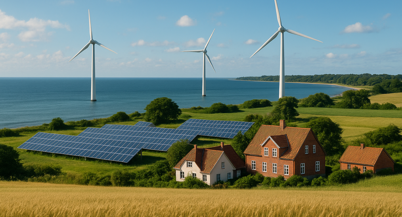 Photorealistic landscape of Samsø Island's coast with traditional Danish houses, wind turbines, solar panels, and crop fields