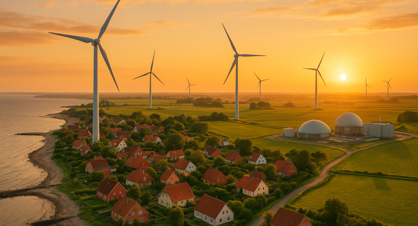 Panoramic view of a Danish coastal village at golden hour with wind turbines harmoniously integrated into the traditional landscape.