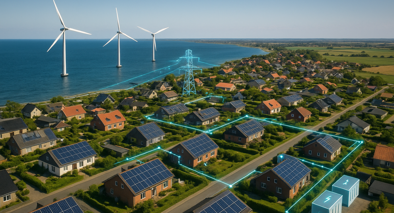 Photorealistic landscape of a modern Danish coastal town with offshore wind turbines, rooftop solar panels, visible smart grid infrastructure, and subtle digital elements under a clear sky.