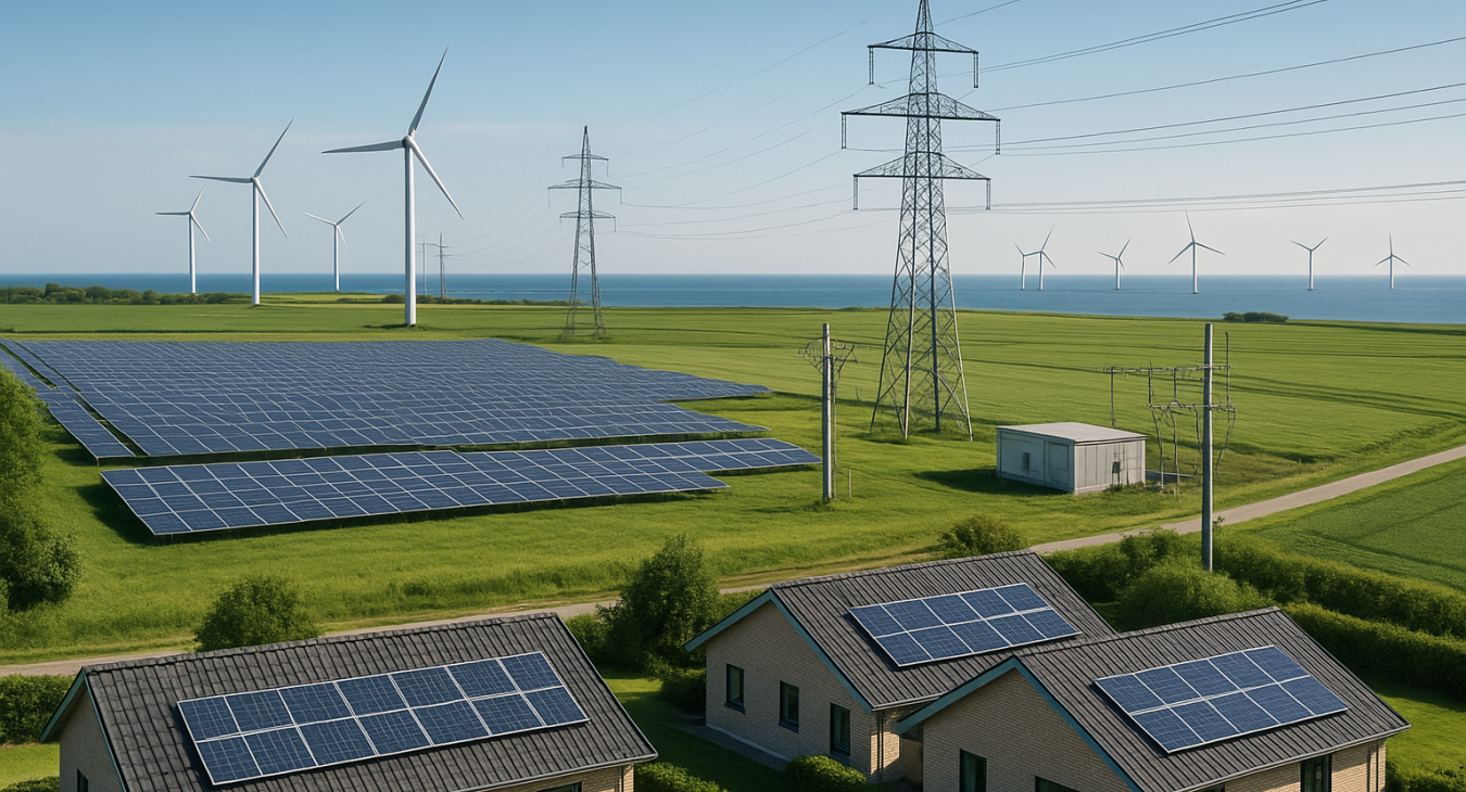 A photorealistic landscape of a modern integrated Danish energy system, featuring rooftop and field solar panels connected by smart grid infrastructure with power storage and transmission lines.