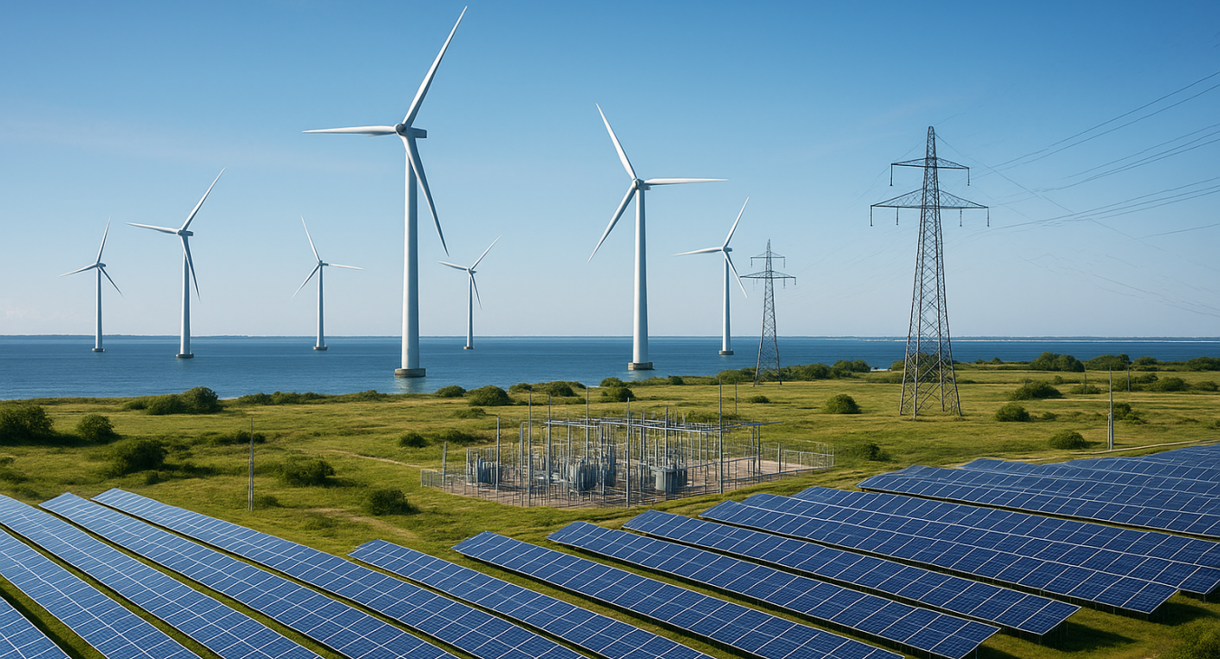 A photorealistic wide-angle view of Denmark's future energy system with massive offshore wind turbines on the horizon and sprawling modern solar farms in the foreground, all interconnected under a clear sky.