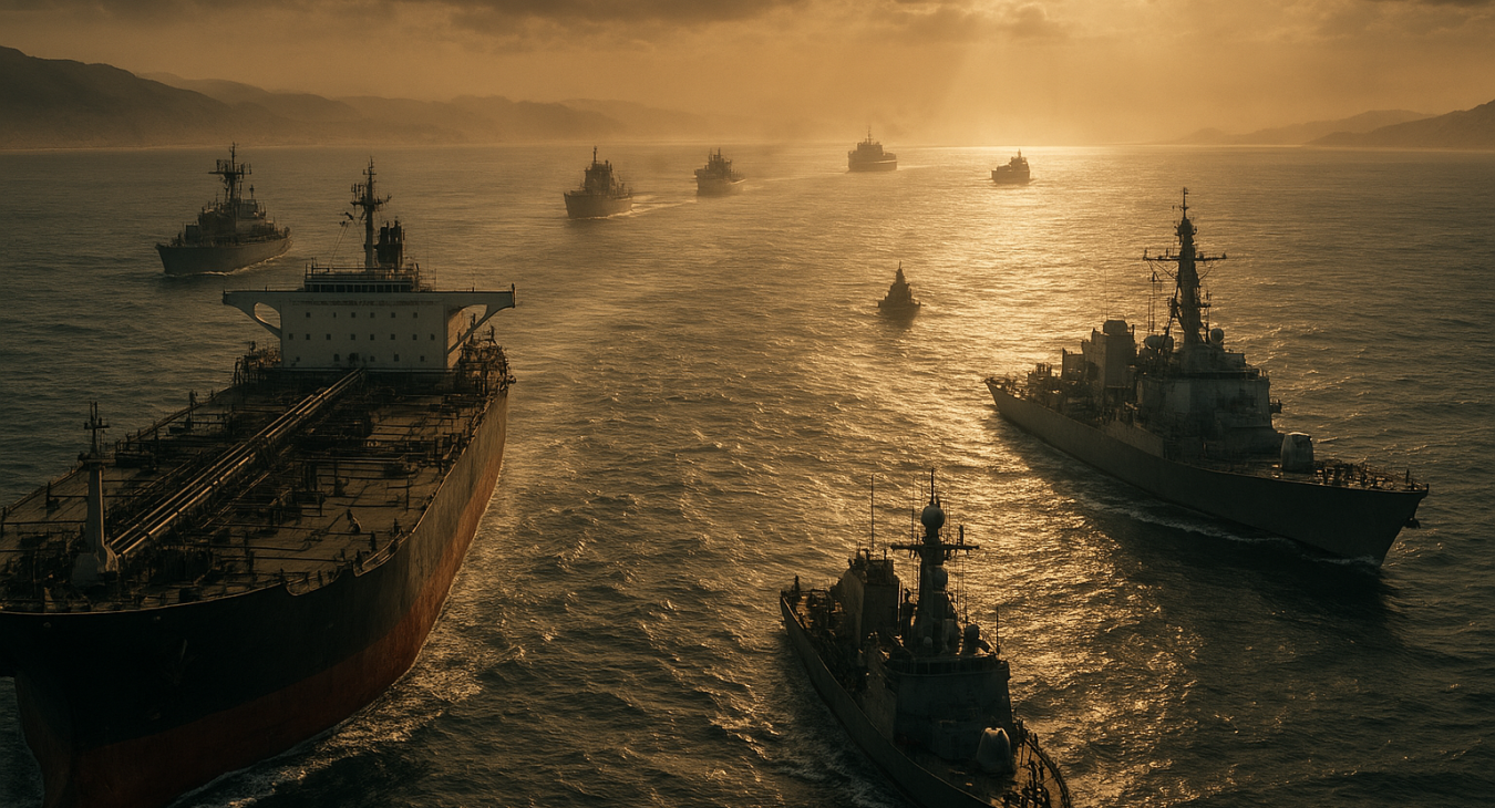Heavily laden super-tankers navigate the sunlit Strait of Hormuz, flanked by high-tech military destroyers and smaller vessels, conveying immense strategic tension.