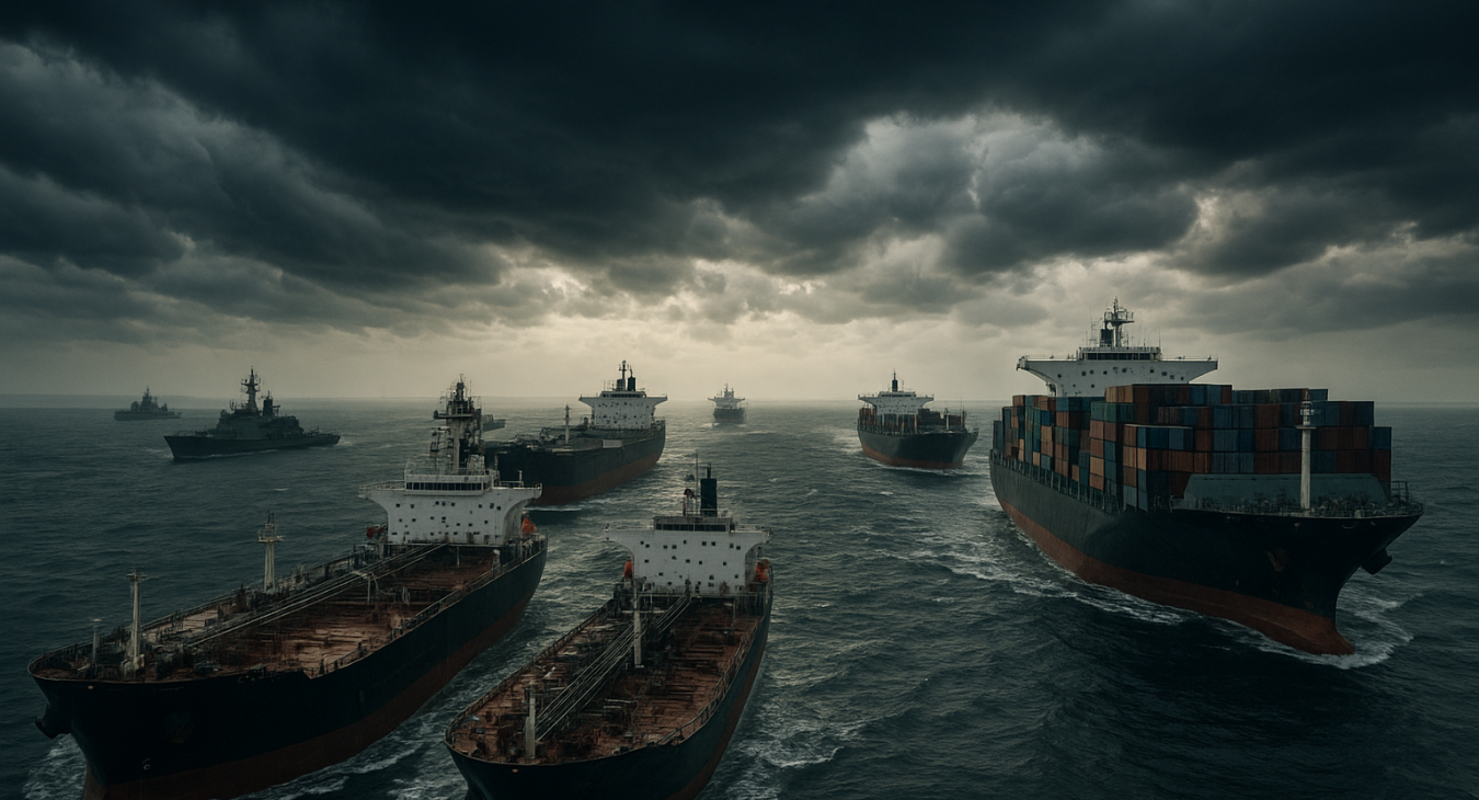 Wide-angle view of oil tankers and cargo ships congested in the Strait of Hormuz, with distant naval vessels evoking geopolitical tension and resource crisis.