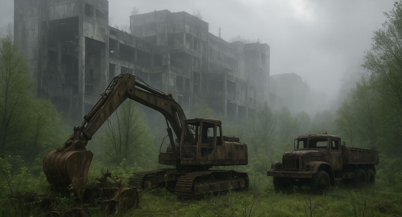 Moody mist over abandoned Chernobyl Exclusion Zone with colossal concrete ruins and overgrown Soviet machinery being reclaimed by nature.