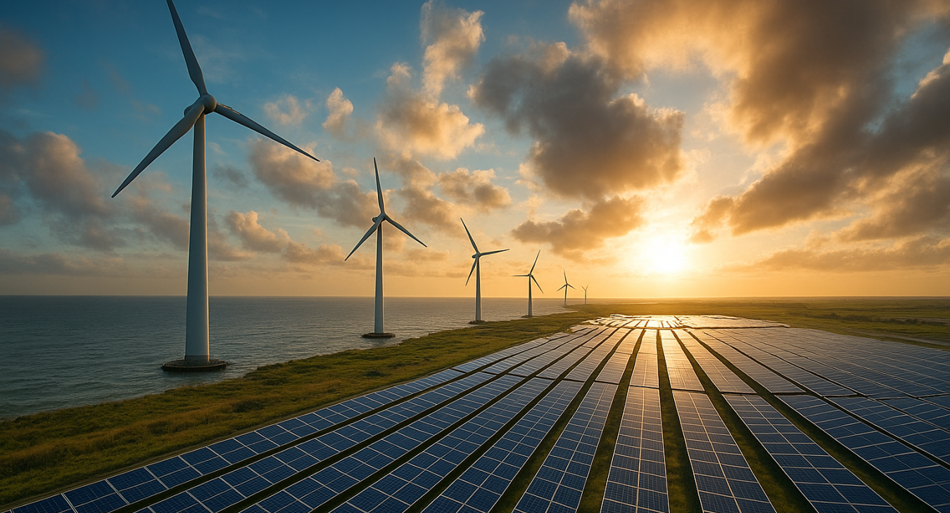 Photorealistic wide-angle panorama of a modern coastal landscape with offshore wind turbines and vast solar farms on land, powering a resilient smart grid under a dramatic, hopeful sky, capturing the synergy of renewable energy.