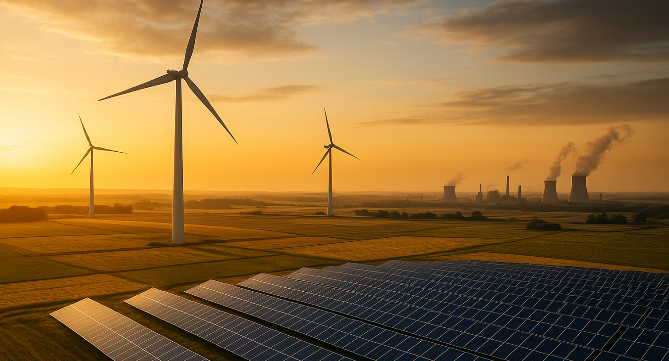 Golden hour landscape with wind turbines and solar panels on farmland, symbolizing clean energy transition.