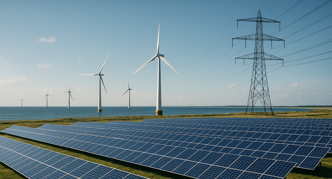 Cinematic photorealistic landscape showcasing a clean energy future with vast solar fields, offshore wind turbines, and subtle futuristic grid infrastructure.