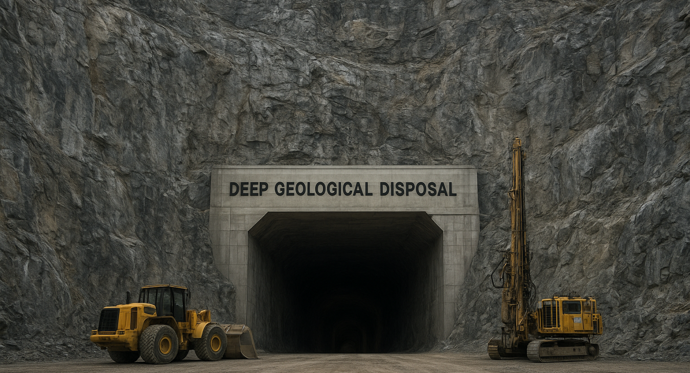 Photorealistic landscape of a massive subterranean facility entrance for deep geological disposal, with advanced mining machinery at the mouth of a shaft descending into stable Finnish bedrock.