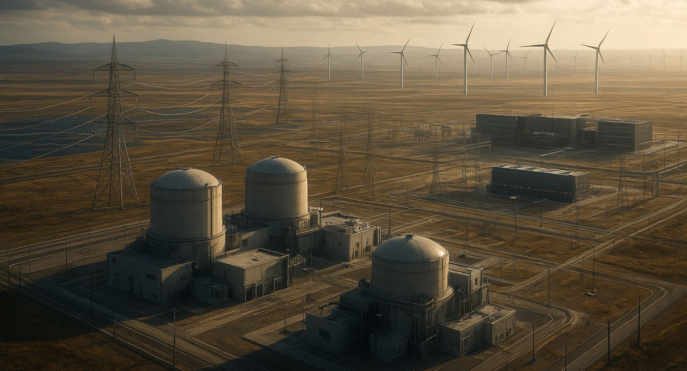 Cinematic hyperrealistic photograph of a sprawling modern American industrial energy complex with small modular reactors in the foreground, integrated with smart grids transmitting power to data centers and renewable energy systems.
