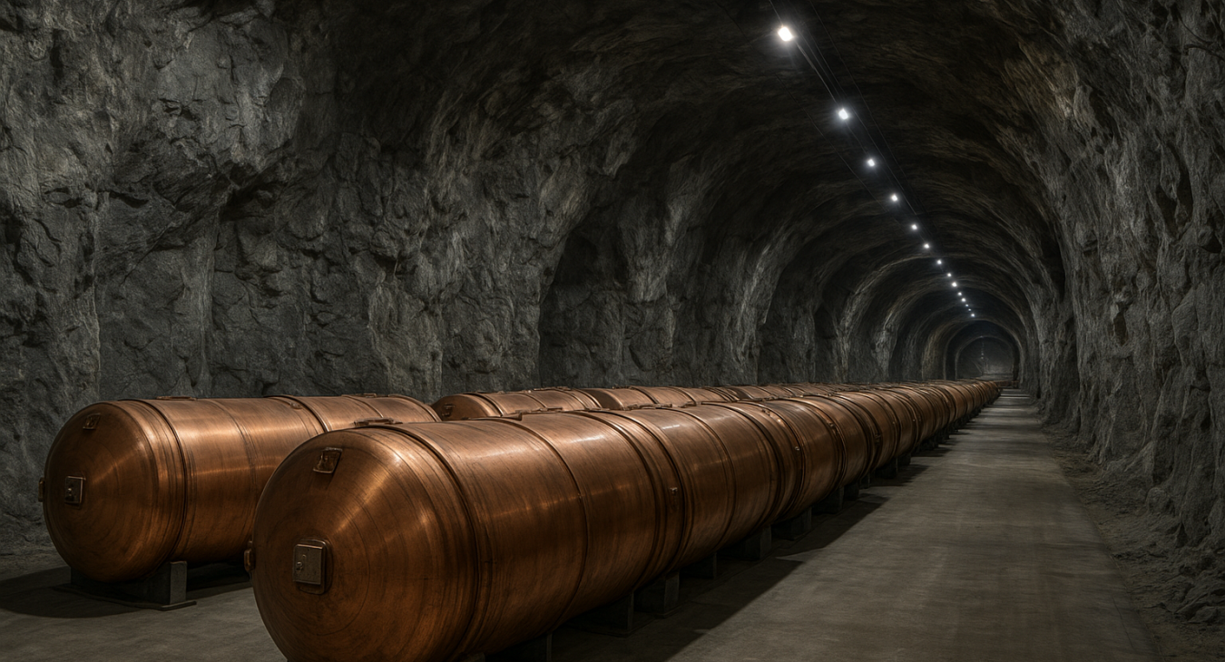 Cinematic photorealistic view inside a vast subterranean repository carved in stable bedrock, with engineered tunnels containing spent fuel rods sealed in copper containers.