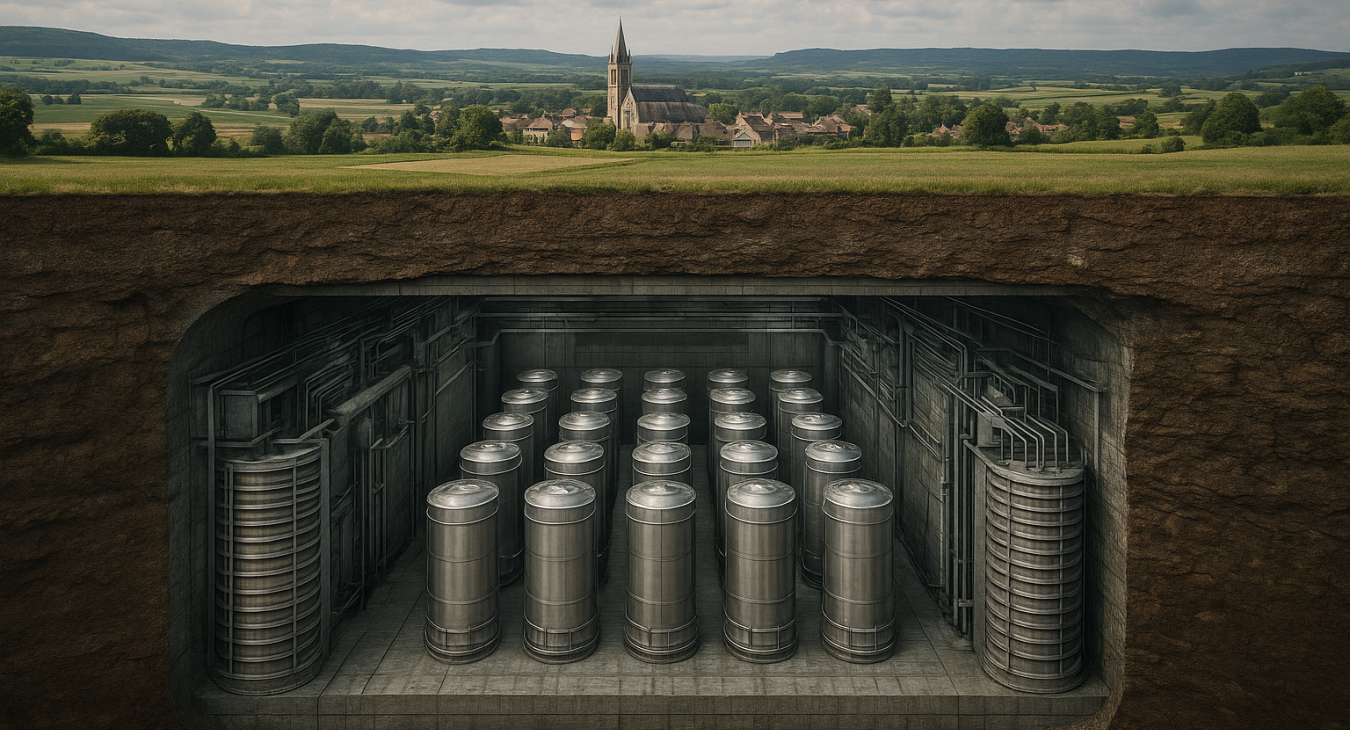 Photorealistic cross-section of a deep geological nuclear waste repository beneath French landscape, showing underground cooling structures and sealed containers.