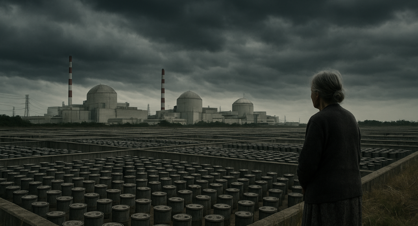 Desolate landscape view of the Kashiwazaki-Kariwa Nuclear Power Station with vast concrete cooling basins filled with stacks of spent fuel containers under a heavy, ominous sky.