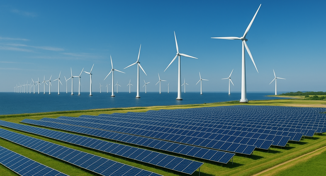 A photorealistic Danish coastal landscape with offshore wind farms and solar panel fields under a clear blue sky, representing sustainable energy.