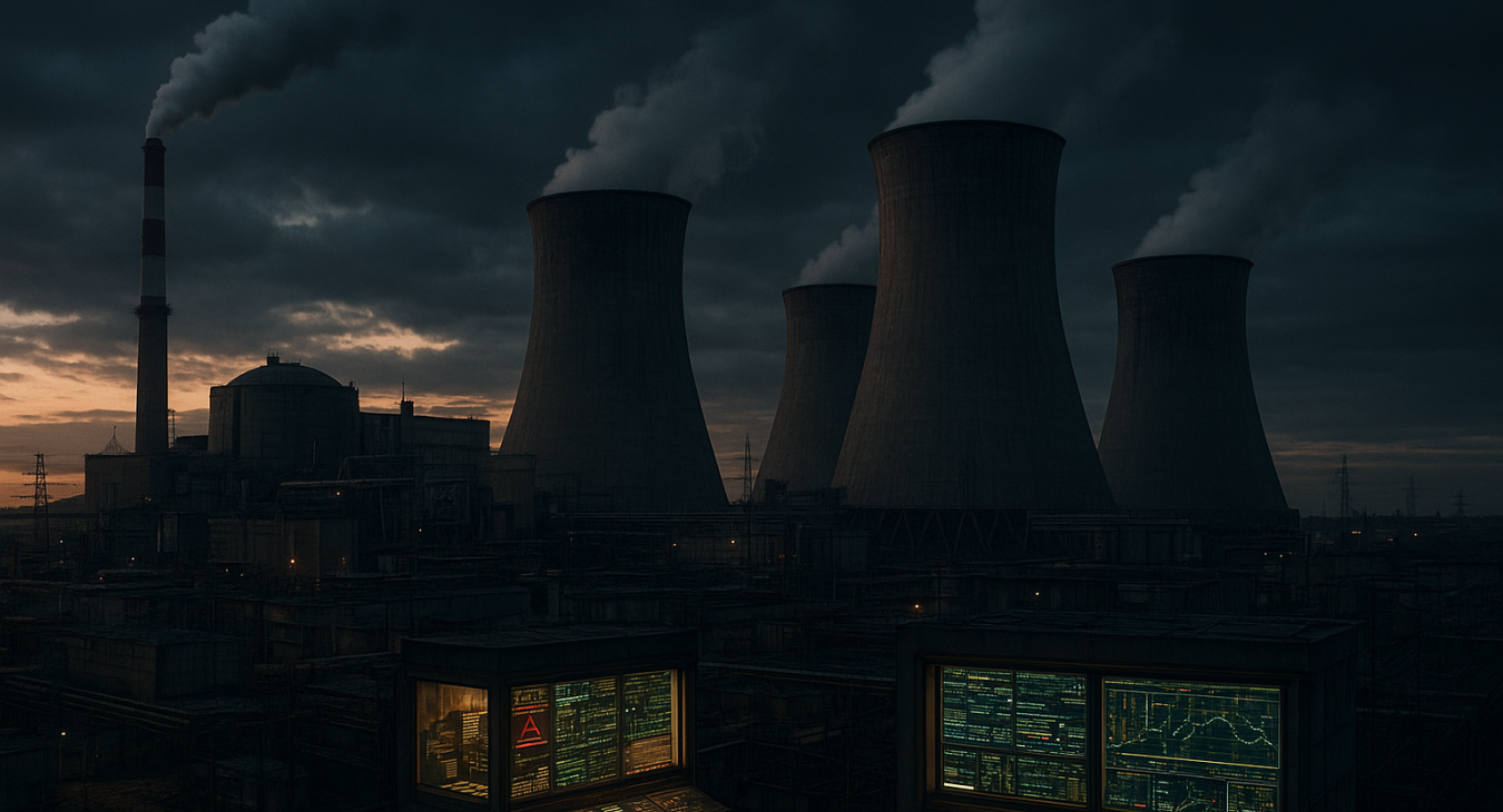 A vast French nuclear power complex at twilight, showing aging industrial infrastructure and dimly glowing control rooms with critical energy grid displays.