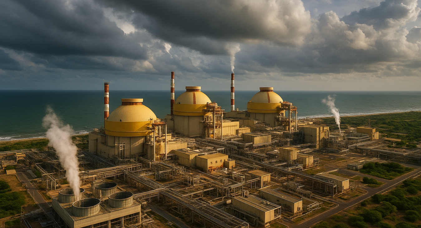 Kudankulam Nuclear Power Plant with towering reactor modules and cooling infrastructure under a dramatic coastal sky in Tamil Nadu, India.