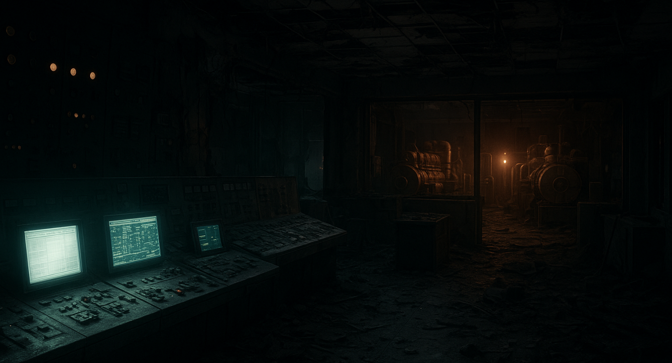 A photorealistic wide shot of a heavily damaged nuclear power plant control room at night, dimly lit by emergency battery lights, showing sophisticated monitoring equipment and large operational backup diesel generators humming in the background.