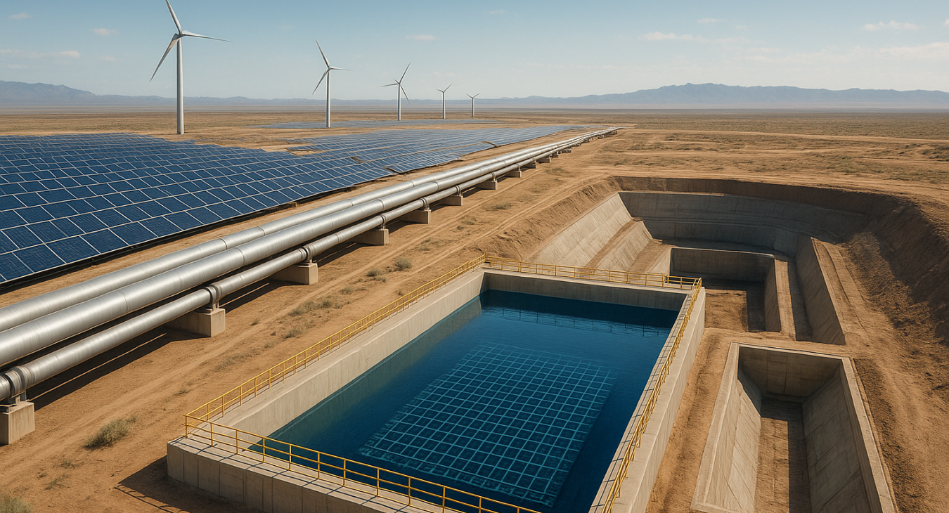Photorealistic landscape juxtaposing advanced sustainable energy infrastructure like solar arrays and clean power conduits with the immense scale and controlled danger of spent nuclear fuel pools and subterranean storage.