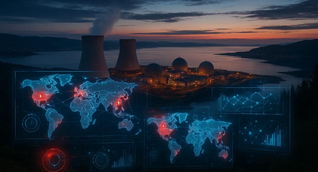 Twilight view of a modern Nordic nuclear plant with holographic global energy supply chain maps foregrounding geopolitical chokepoints.