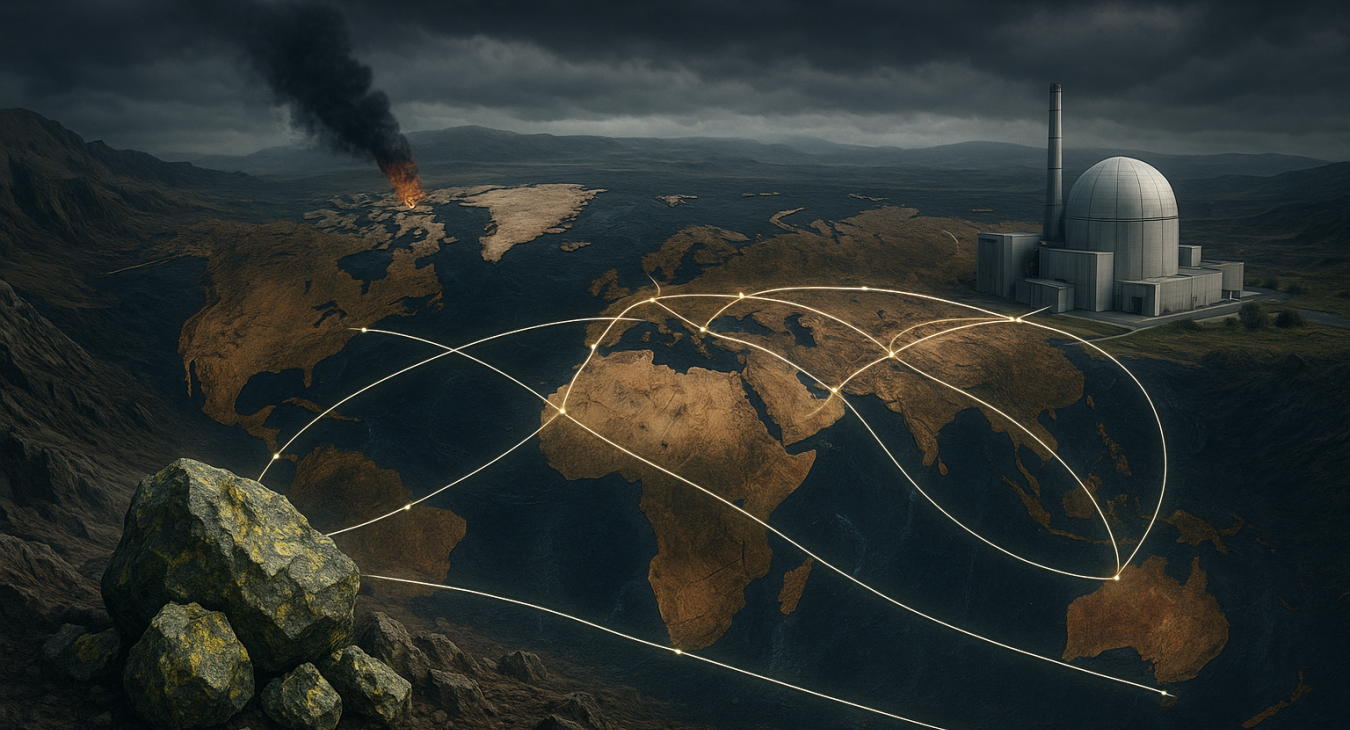 Photorealistic dramatic landscape of a globe with raw uranium ore moving through mining regions and conflict areas via visible transport lines, symbolizing geopolitical hotspots.