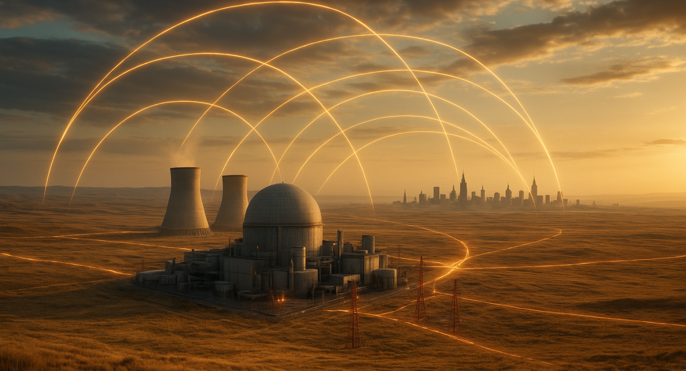Massive futuristic nuclear facility on the Kazakh steppe with glowing energy grids radiating across the sky.