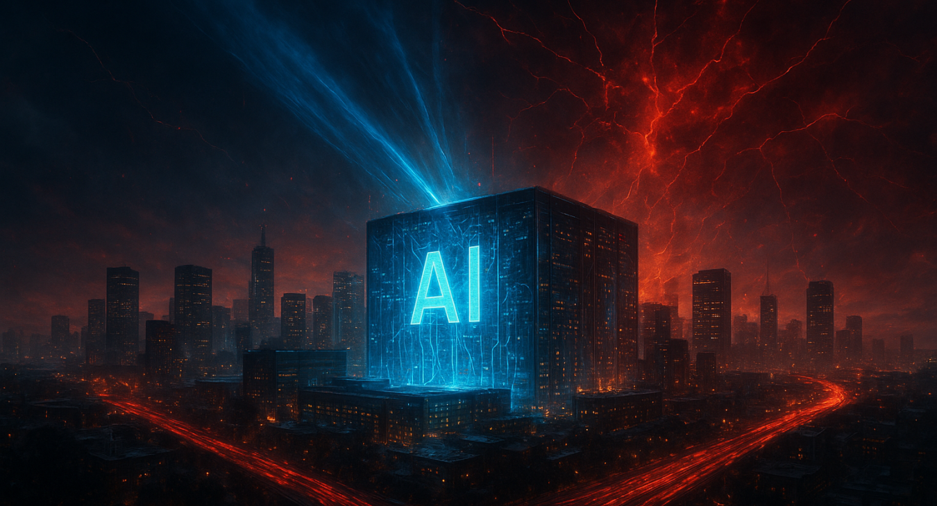 Advanced glowing AI data center nestled in a futuristic Silicon Valley cityscape with dramatic ethereal blue and gold light streams.