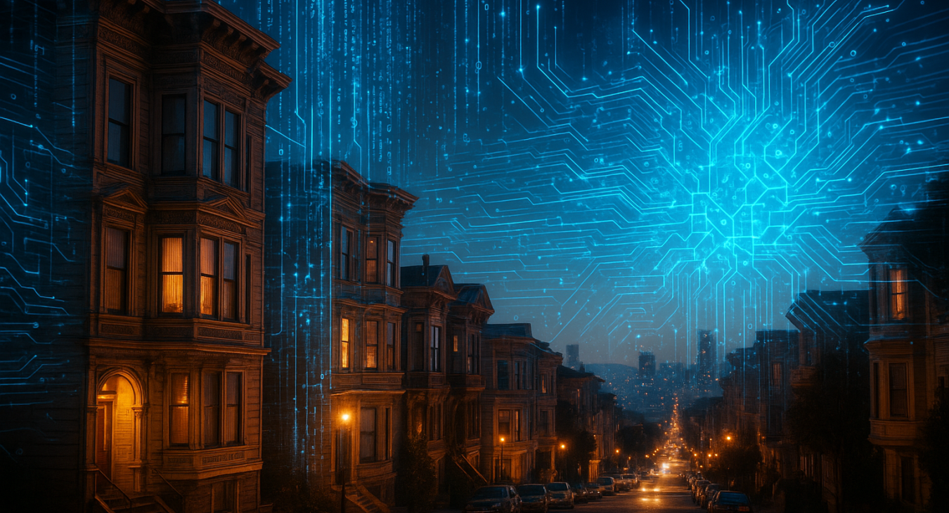 Photorealistic cinematic landscape of historic San Francisco Victorian architecture overlaid with glowing holographic data streams, circuit patterns, and algorithmic projections.