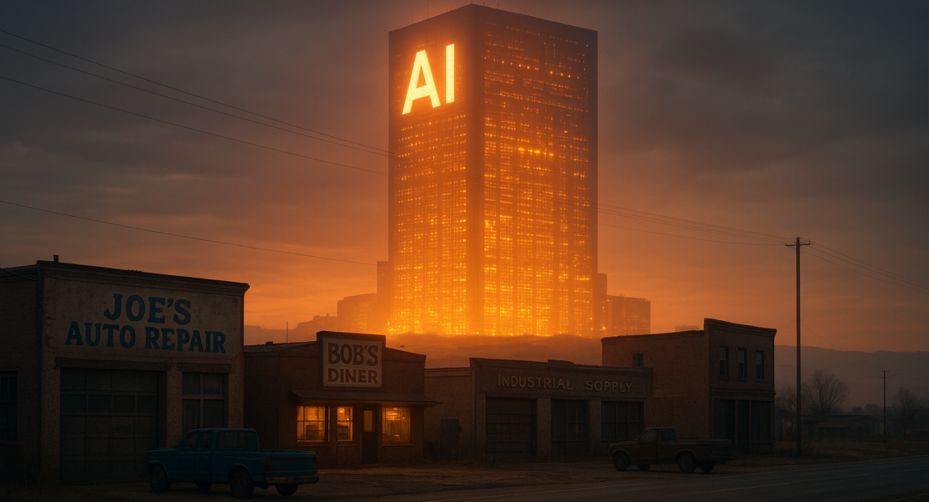 Photorealistic cinematic image: colossal glowing AI data center complex towering in the background, while struggling small-town businesses and local industries appear diminished in the foreground, highlighting the contrast between monolithic investment and local decline.