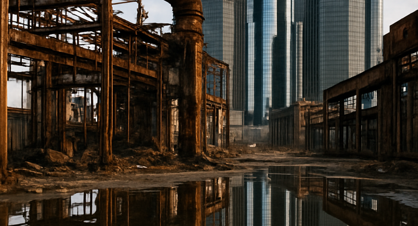 Reflection of modern glass skyscrapers on rusting century-old factory infrastructure in Detroit, symbolizing vulnerability.